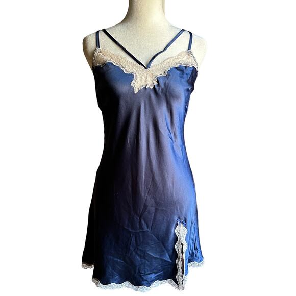 VICTORIA'S SECRET | Navy Blue Satin Nightgown with White Lace Trim | Size Small - Picture 1 of 6